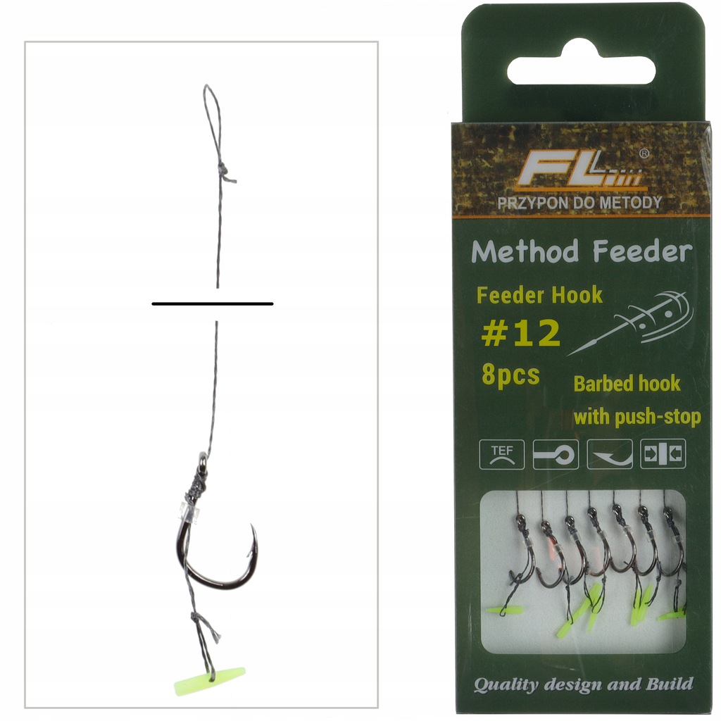 Haczyki 12 z przyponem Method Feeder stoper Push Stop plecionka do metody