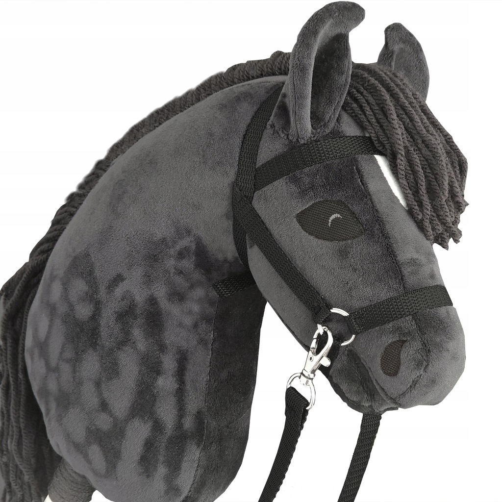 Czarny konik na kiju hobby horse A4 z gęstą grzywą i odpinanym ogłowiem