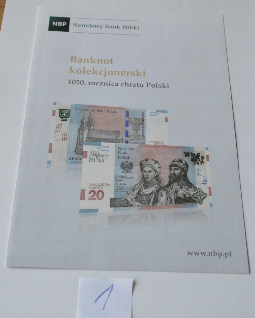 Folder do banknotu 20 zł. Chrztu Polski pol.