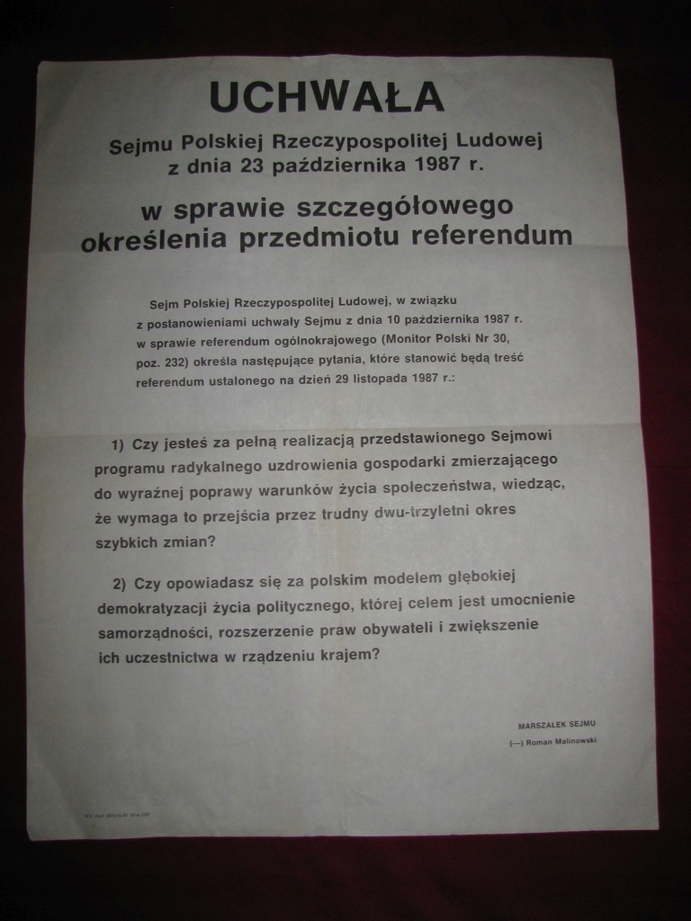 Uchwała Sejmu PRL o referendum afisz uliczny 1987
