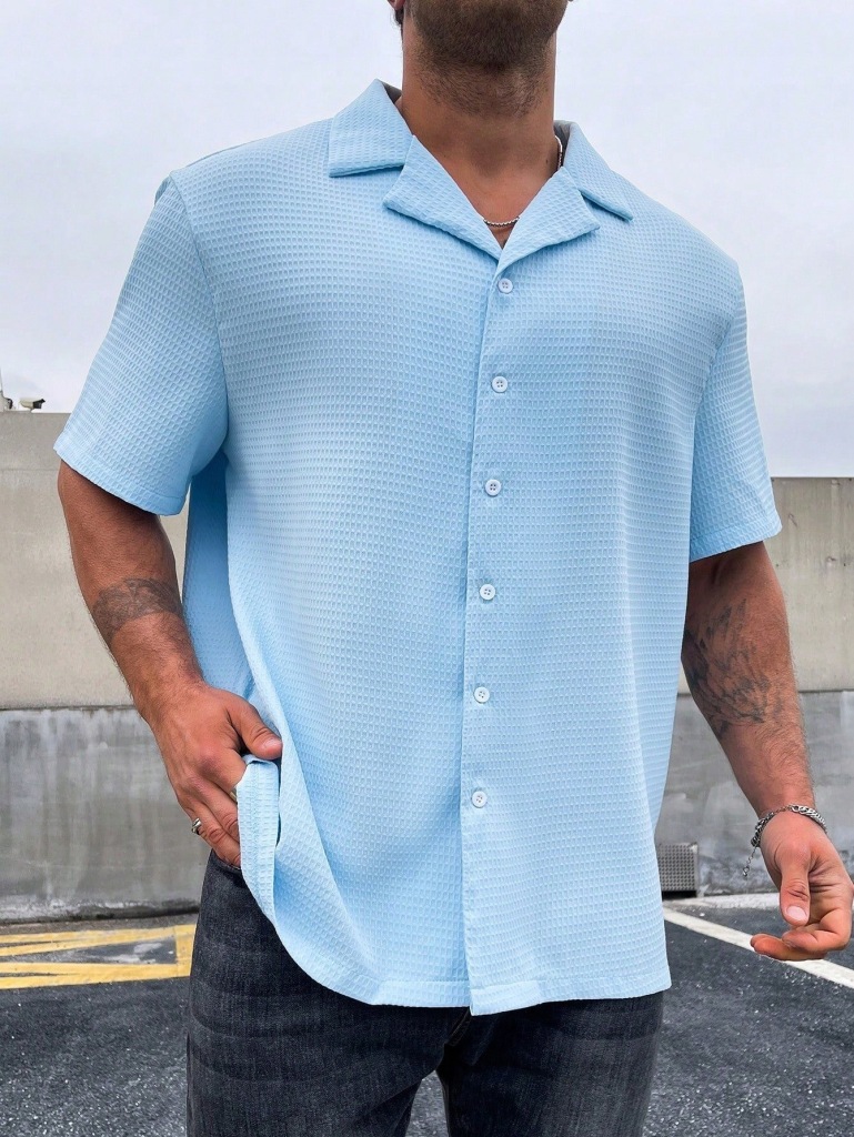 Shein Błękitna koszula męska z krótkim rękawem 3XL