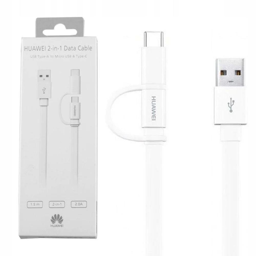 KABEL 2 IN 1 USB-A DO MICRO USB / USB-C HUAWEI AP55S DŁUGOŚĆ 1.5M 2A BIAŁY