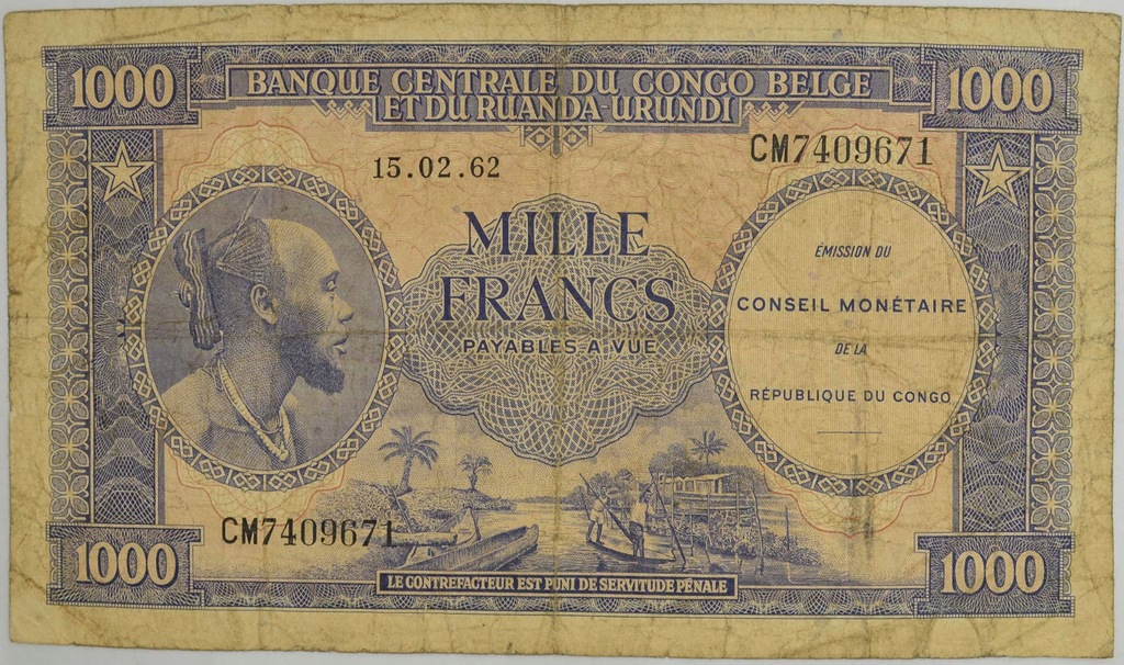12.fu.Congo Belg., 1 000 Franków 1962 rzadki