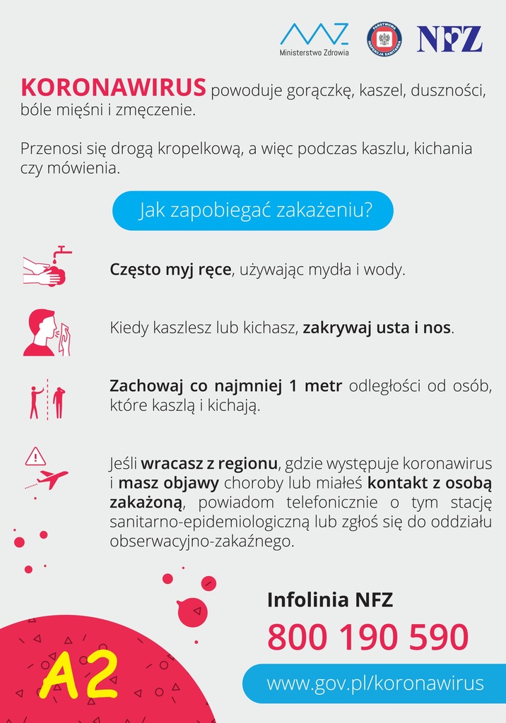 Duży plakat naklejka KORONAWIRUS jak zapobiegać A2