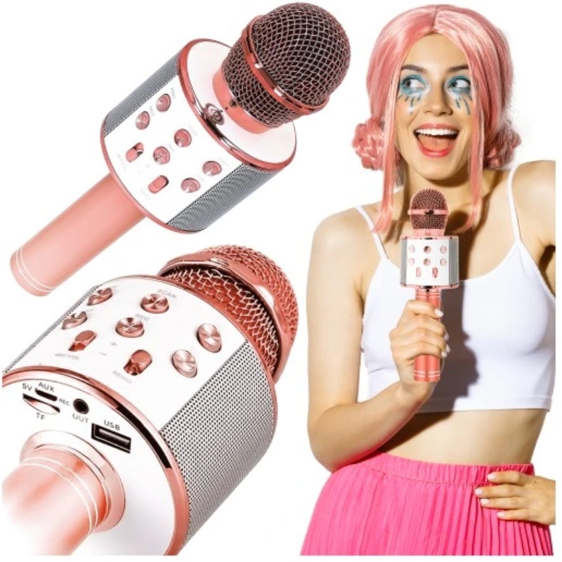 Mikrofon Karaoke Bluetooth LED RGB Dla Dzieci i Dorosłych różowy złoty