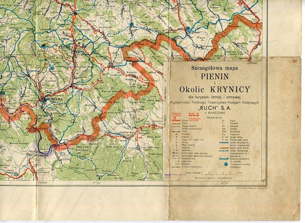 KRYNICA / BESKID SĄDECKI :: mapa turystyczna : 1939 rok : NOWE GRANICE !