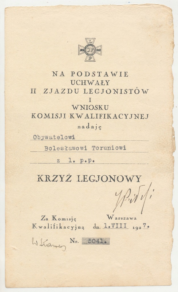 Dyplom Krzyża Legionowego. Podpis Piłsudski. (361)