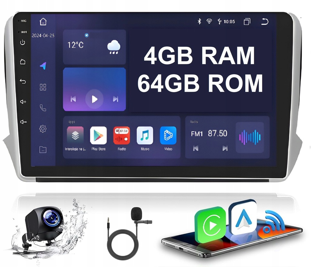 NAWIGACJA RADIO ANDROID DO PEUGEOT 208 4/64GB DSP CARPLAY LTE BLUETOOTH USB