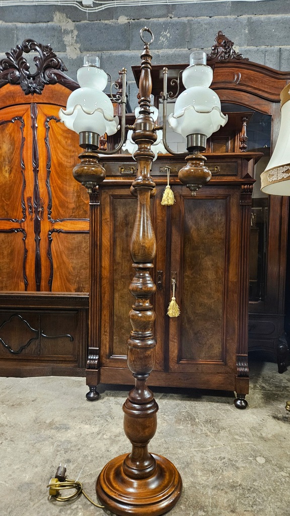 Stara Ładna Lampa Stojąca Drewno Mosiądz Klosze Szkło , Trzy ramienna