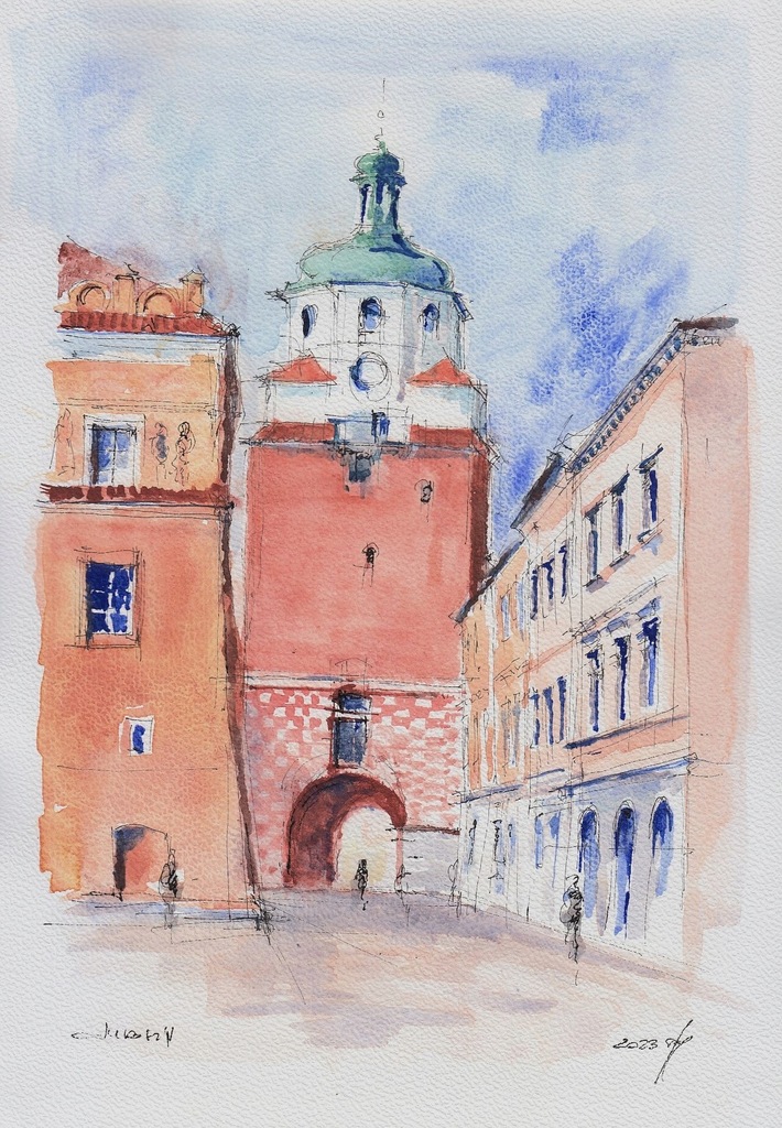 Lublin brama krakowska, kolor, akwarela A4