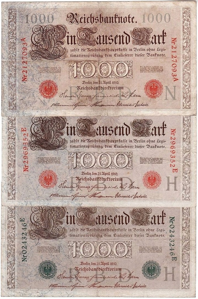 Niemcy, 3 szt. 1000 Marek 1910, Ser. A, E (3)