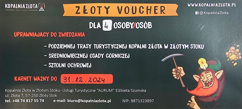 Voucher dla 4 osób na zwiedzanie KOPALNI ZŁOTA W ZŁOTYM STOKU