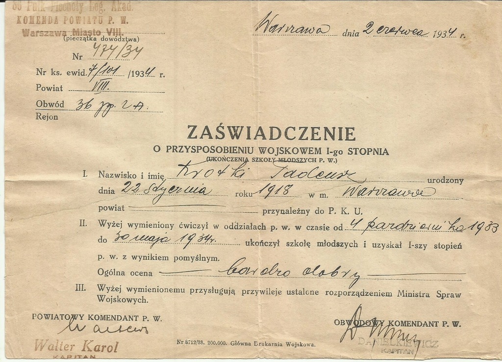 Legia Akademicka 36 pp Warszawa 1934 zaświadczenie