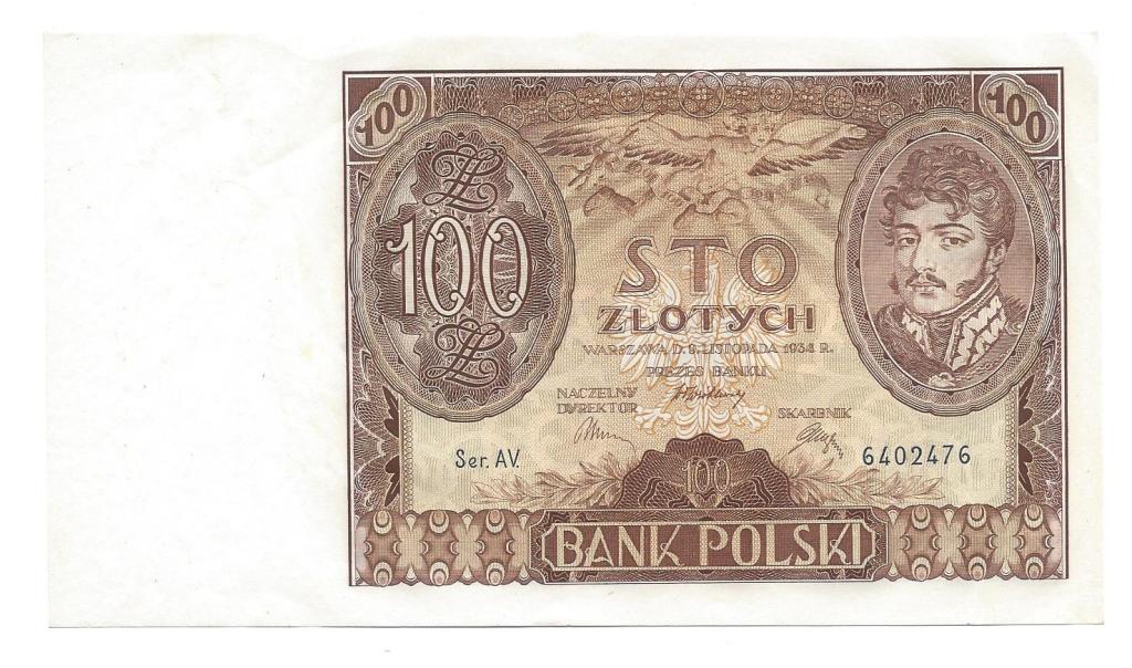 100 złotych 1934 r. Seria AV. Dodatkowo znak wodny