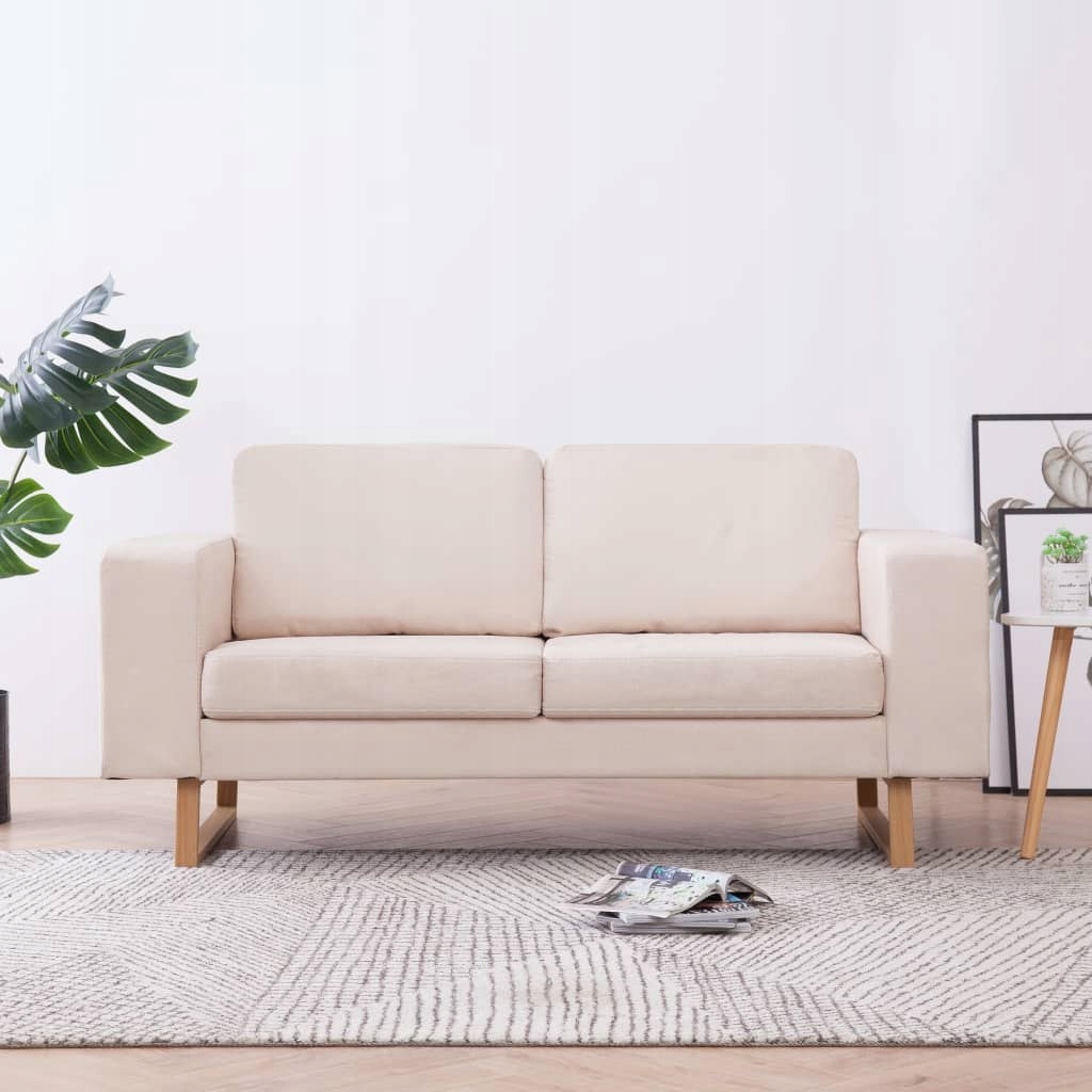 Sofa 2-osobowa tapicerowana tkaniną, kremowa