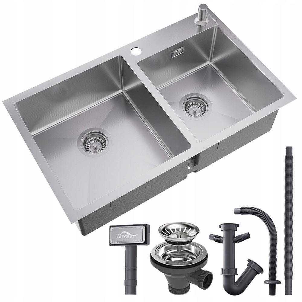 75x45CM ZLEWOZMYWAK DWUKOMOROWY ze Stali nierdzewnej z SYFON i DOZOWNIK