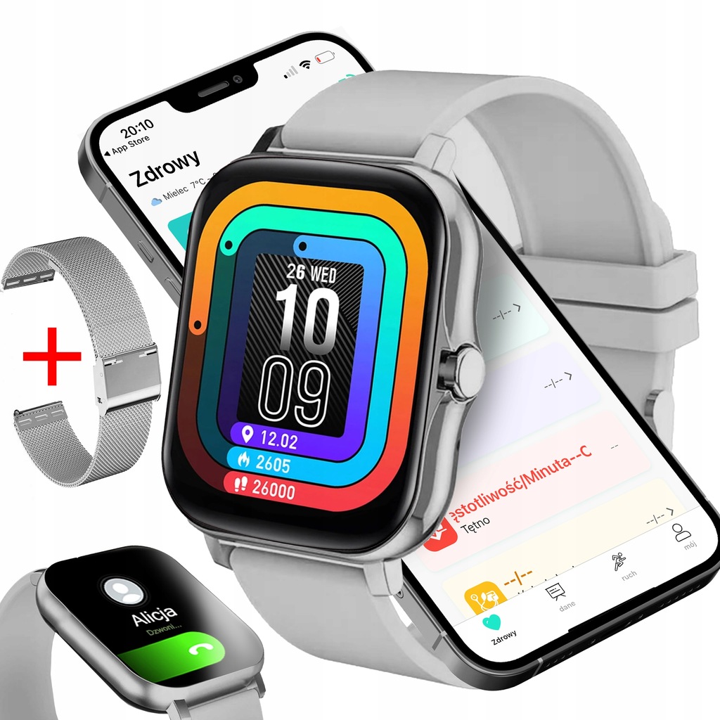 SMARTWATCH ZEGAREK POLSKIE MENU ROZMOWY SPORT SMART WODOODPORNY SREBRNY