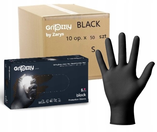 Mocne rękawice nitrylowe GRUBE GRIPZZLY czarne a'50 karton 10 op. S