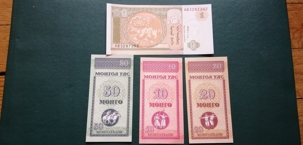 Mongolia 4 Banknoty UNC kazdy inny pionowe