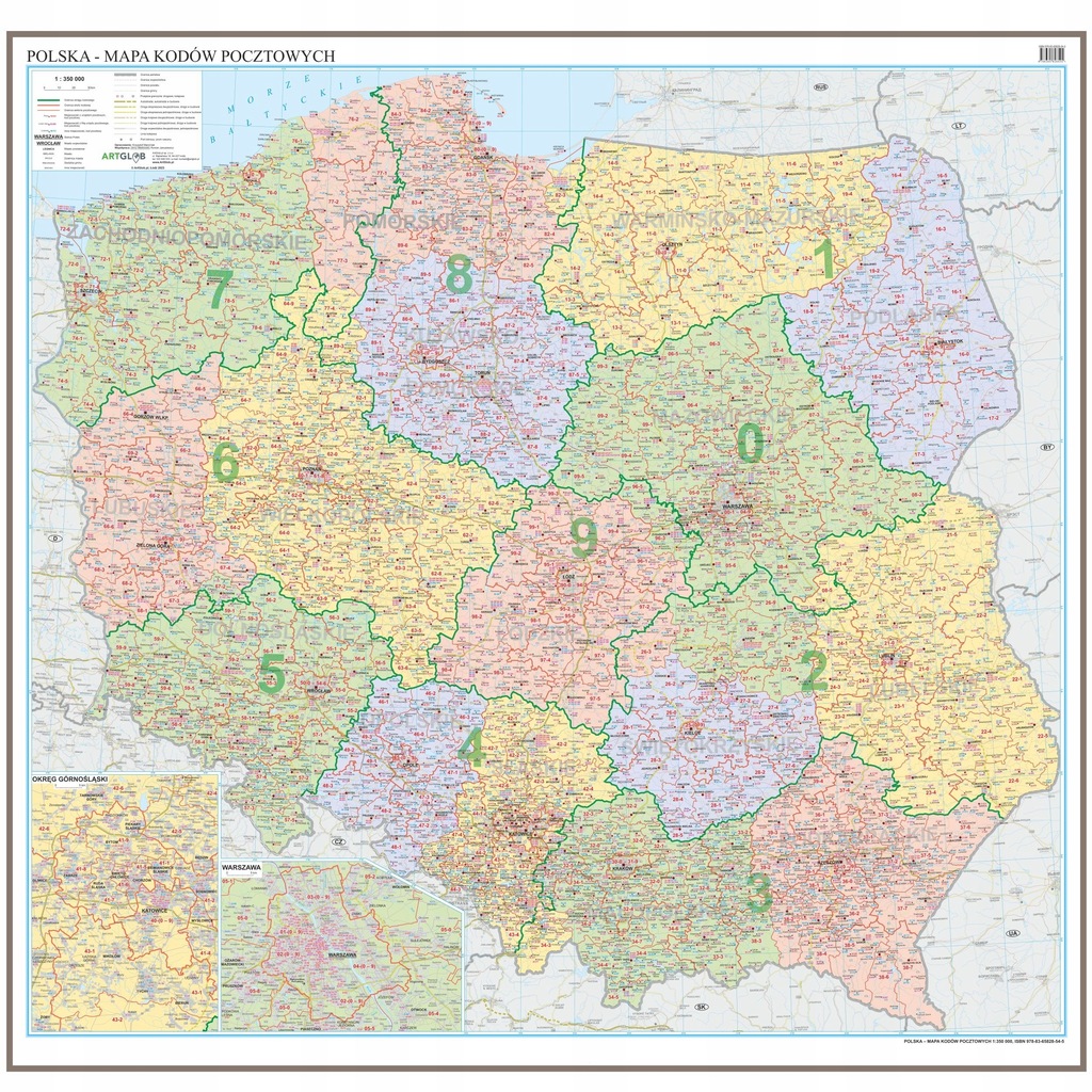 POLSKA MAPA ŚCIENNA KODY POCZTOWE DO WPINANIA 2021