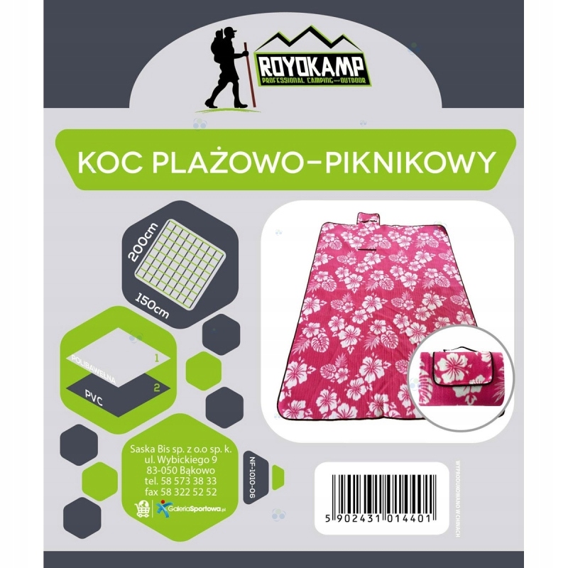 Koc Plażowo Piknikowy 200X150 Różowy Kwiaty Royoka