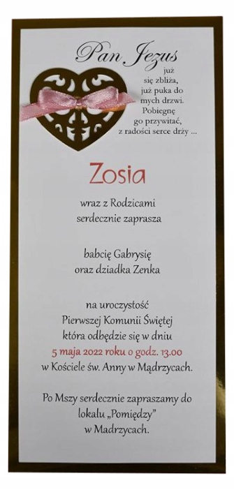 eleganckie, złoto różowe zaproszenia na komunię