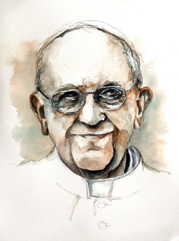 Rysunek Papież Franciszek. Watercolor, 30x40cm