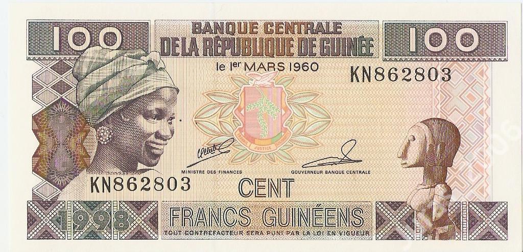100 cent francs Gwinea UNC stan bankowy 1998 okaz