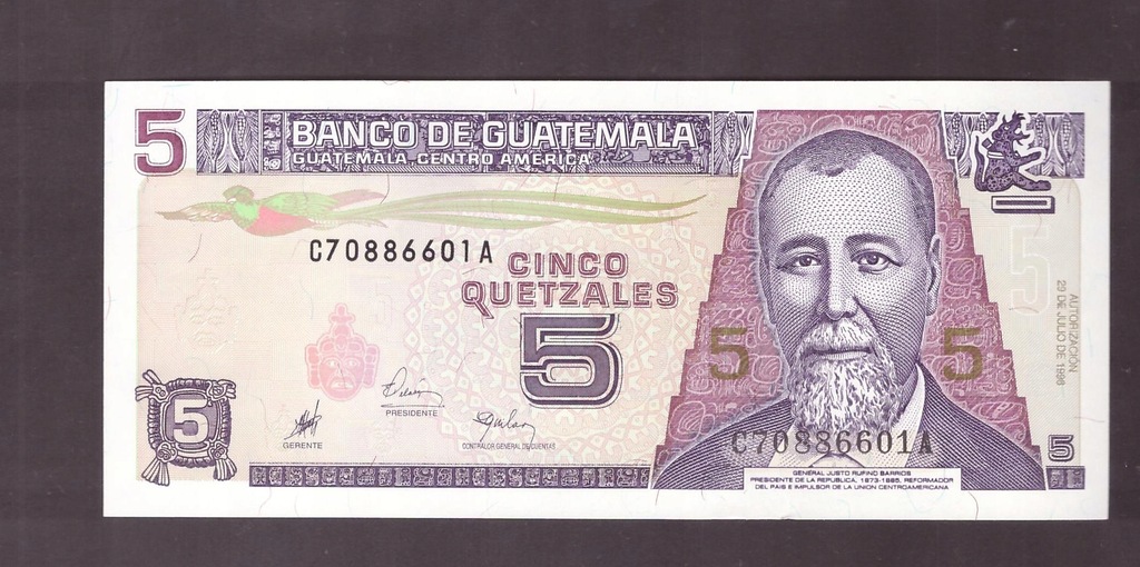 Gwatemala - banknot - 5 Quetzal 1998 rok