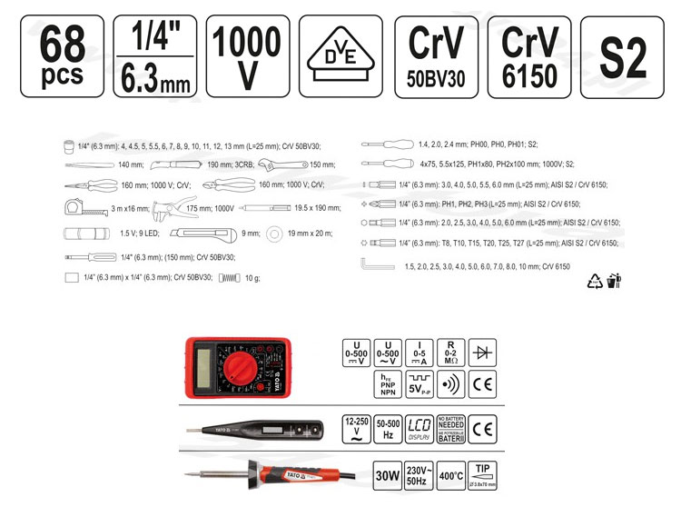 Купить Набор инструментов для электриков 68 предметов. ЯТО YT-3900: отзывы, фото, характеристики в интерне-магазине Aredi.ru