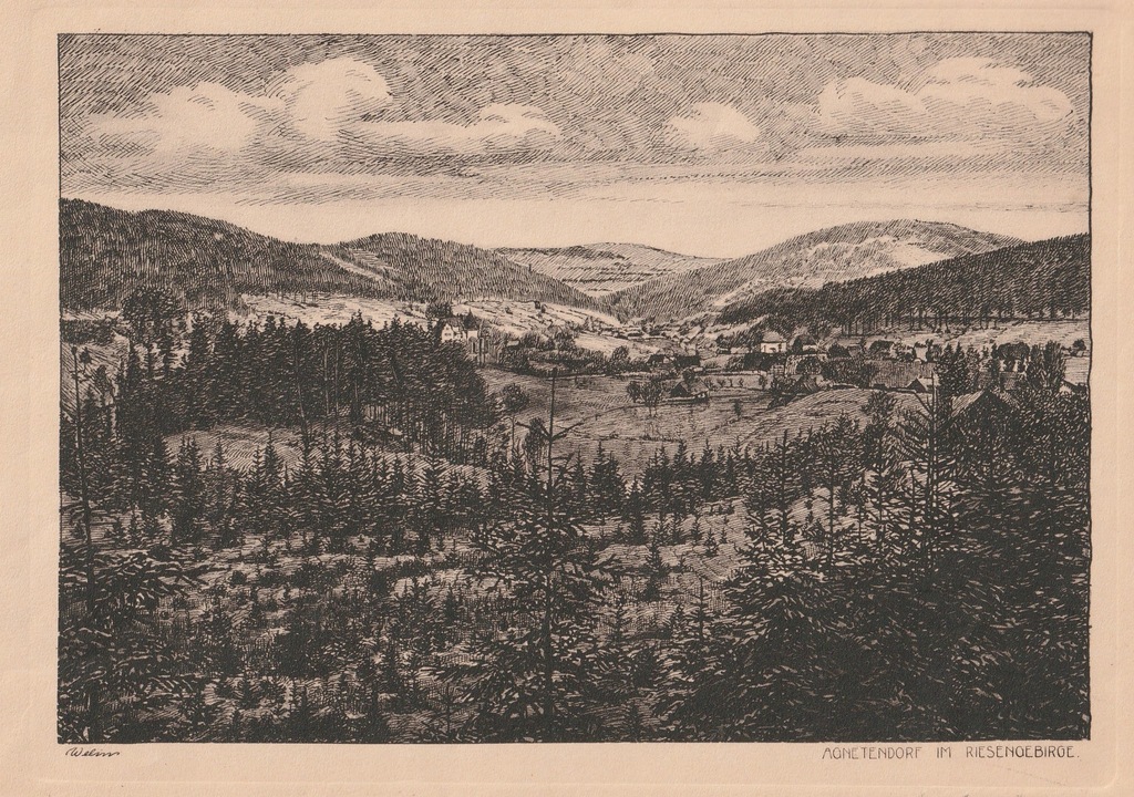JAGNIĄTKÓW (Jelenia Góra). Panorama, około 1900, akwaforta