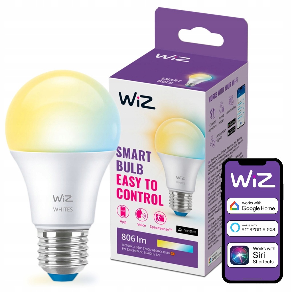 Żarówka LED E27 A60 8W = 60W 2700-6500K TW SMART WiFi Aplikacja WiZ