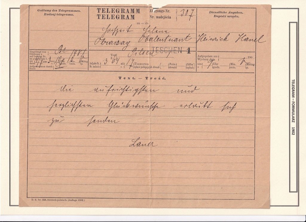 Telegram, druk austriacki w języku polski 1902 rok
