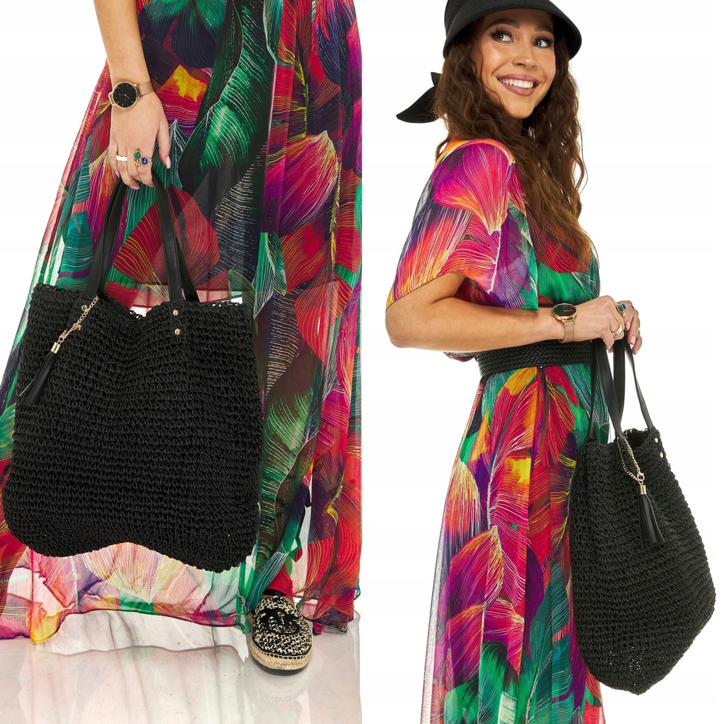 TORBA SŁOMIANA SHOPPERKA KOSZYK BOHO PLAŻOWA czerń