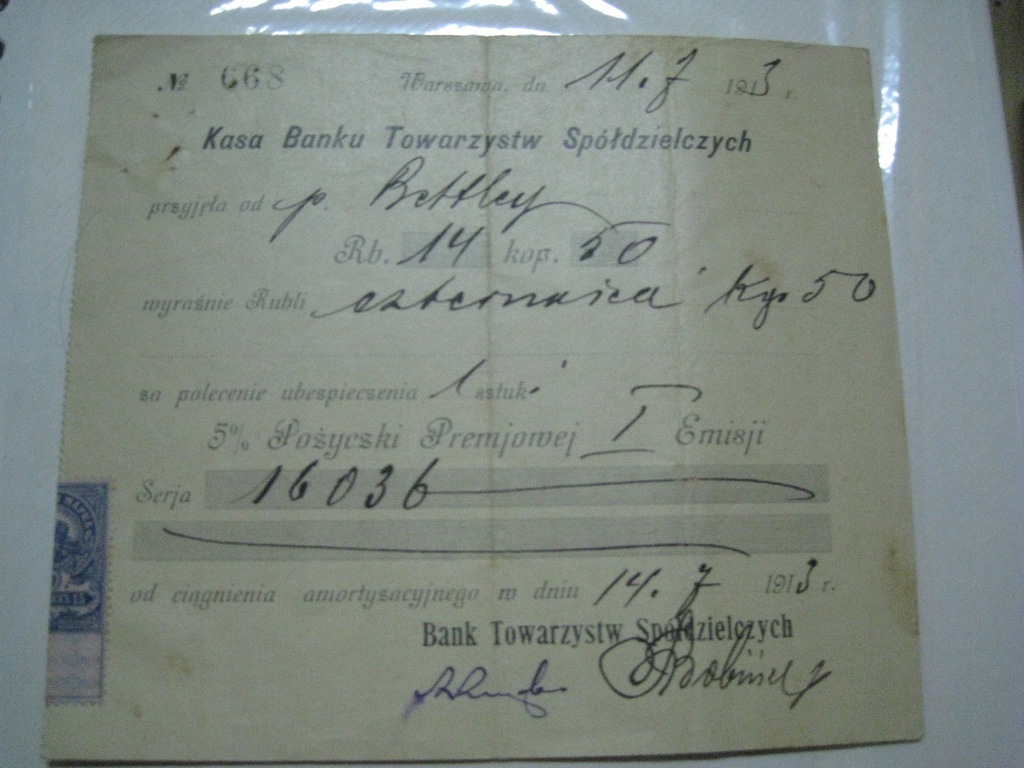 dokument BANK TOWARZYSTW SPÓŁDZIELCZYCH 1913