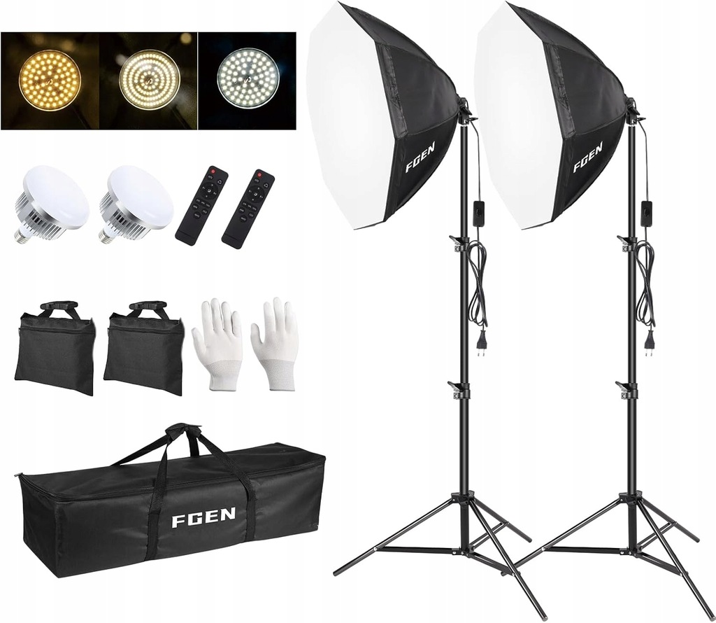 SOFTBOX LED LAMPY ZESTAW OŚWIETLENIE ŻARÓWKI Z PILOTEM 2X135W STATYWY TORBA