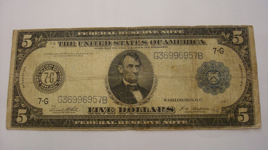 Banknot 5 dolarów 1914 r. Chicago - USA - niebieska pieczęć