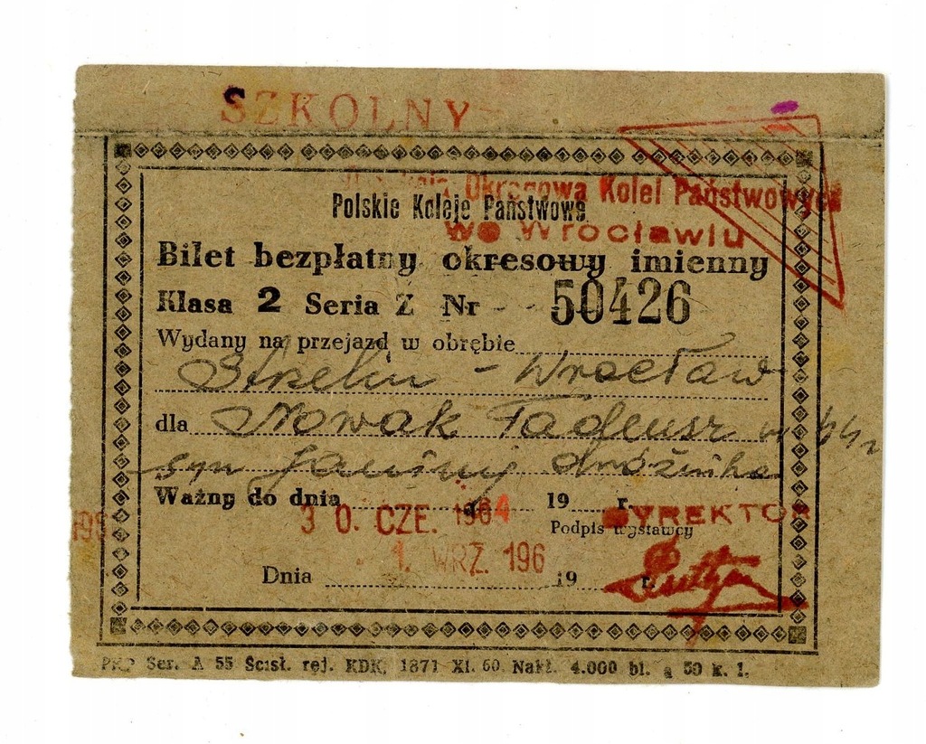 bilet okresowy PKP Strzelin Wrocław 1964