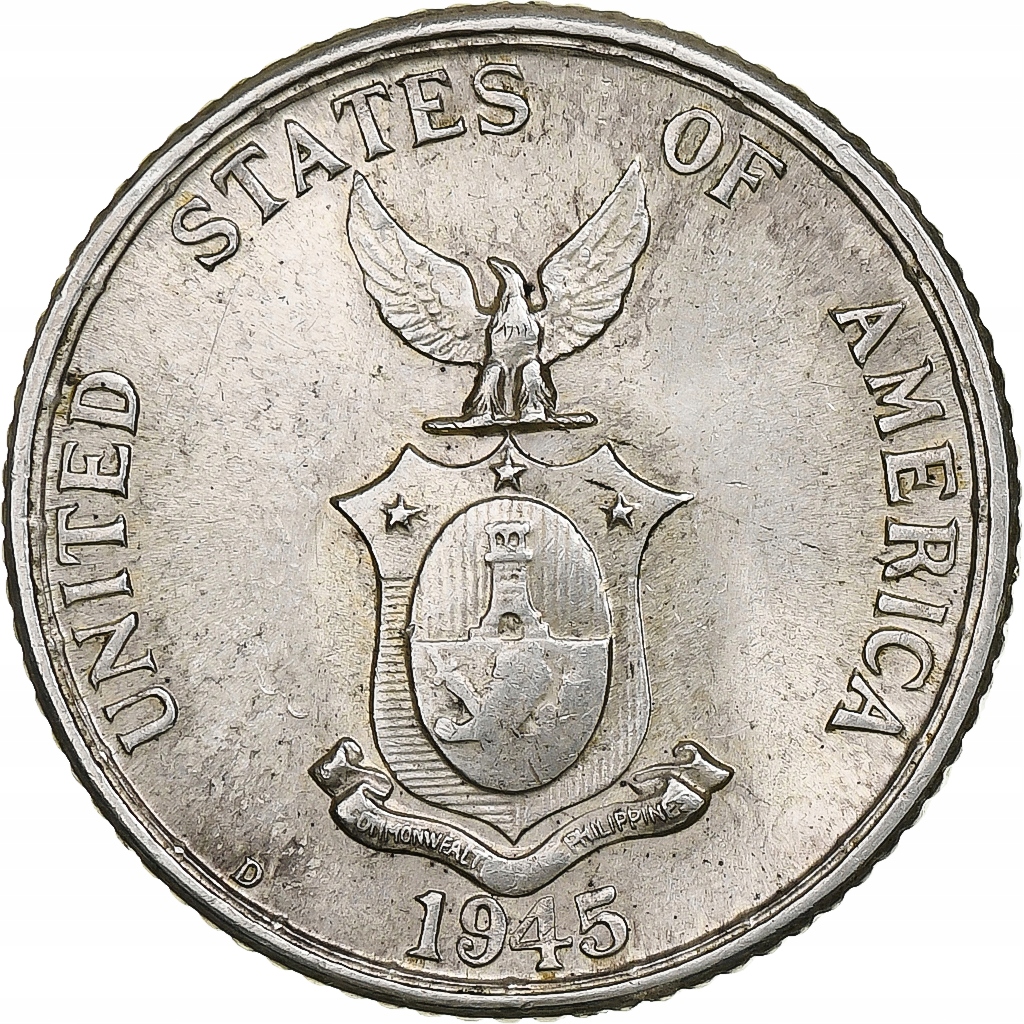 Filipiny, 20 Centavos, 1945, Srebro, AU(55-58), KM