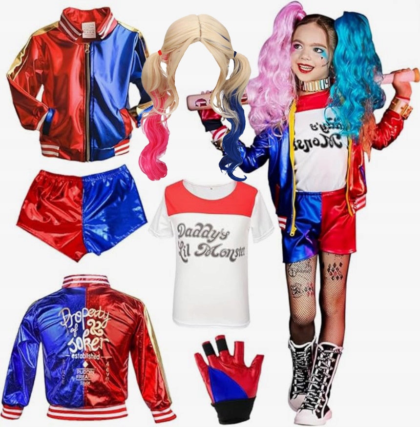 STRÓJ HARLEY QUINN KOSTIUM DLA DZIEWCZYNKI + PERUKA DODATKI 140/146