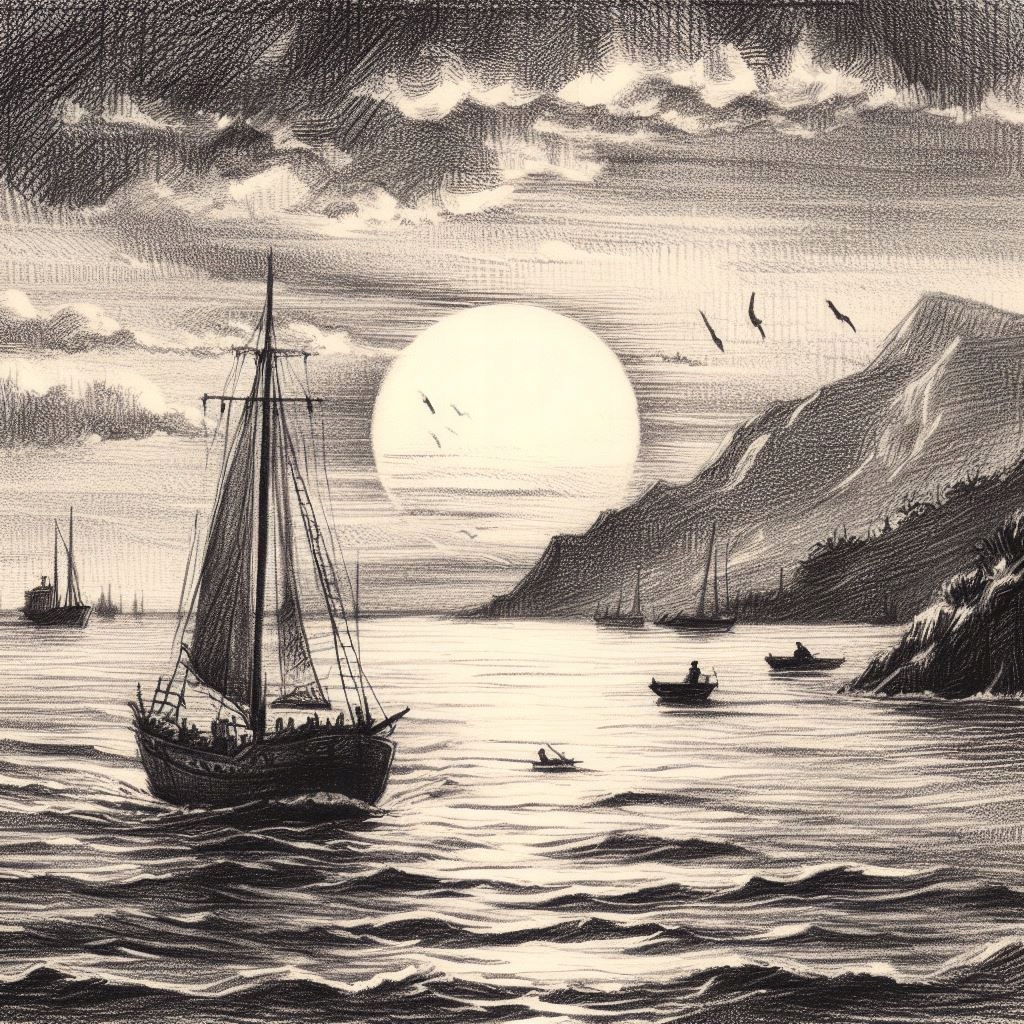 Obraz na płótnie styl szkic ołówkiem zachód słońca statek 40 x 40 cm