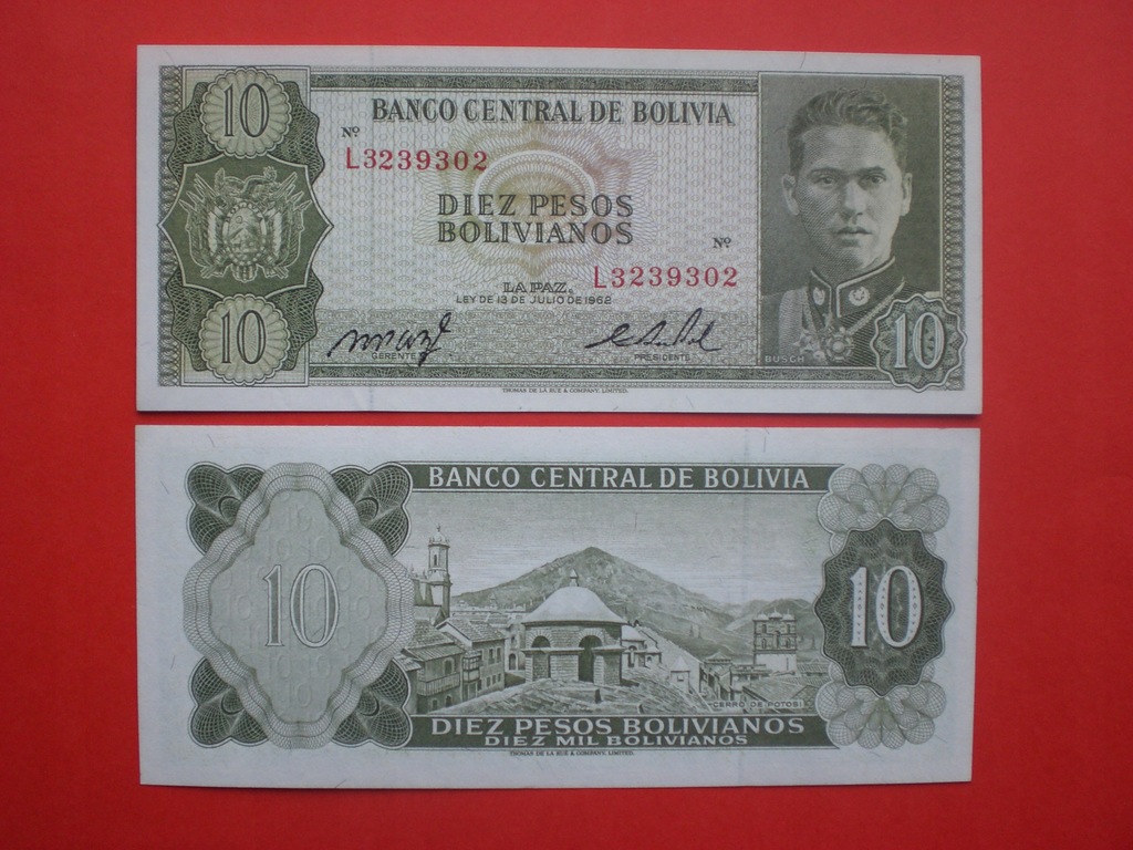 BOLIWIA - 10 BOLIVIANOS 1962,UNC