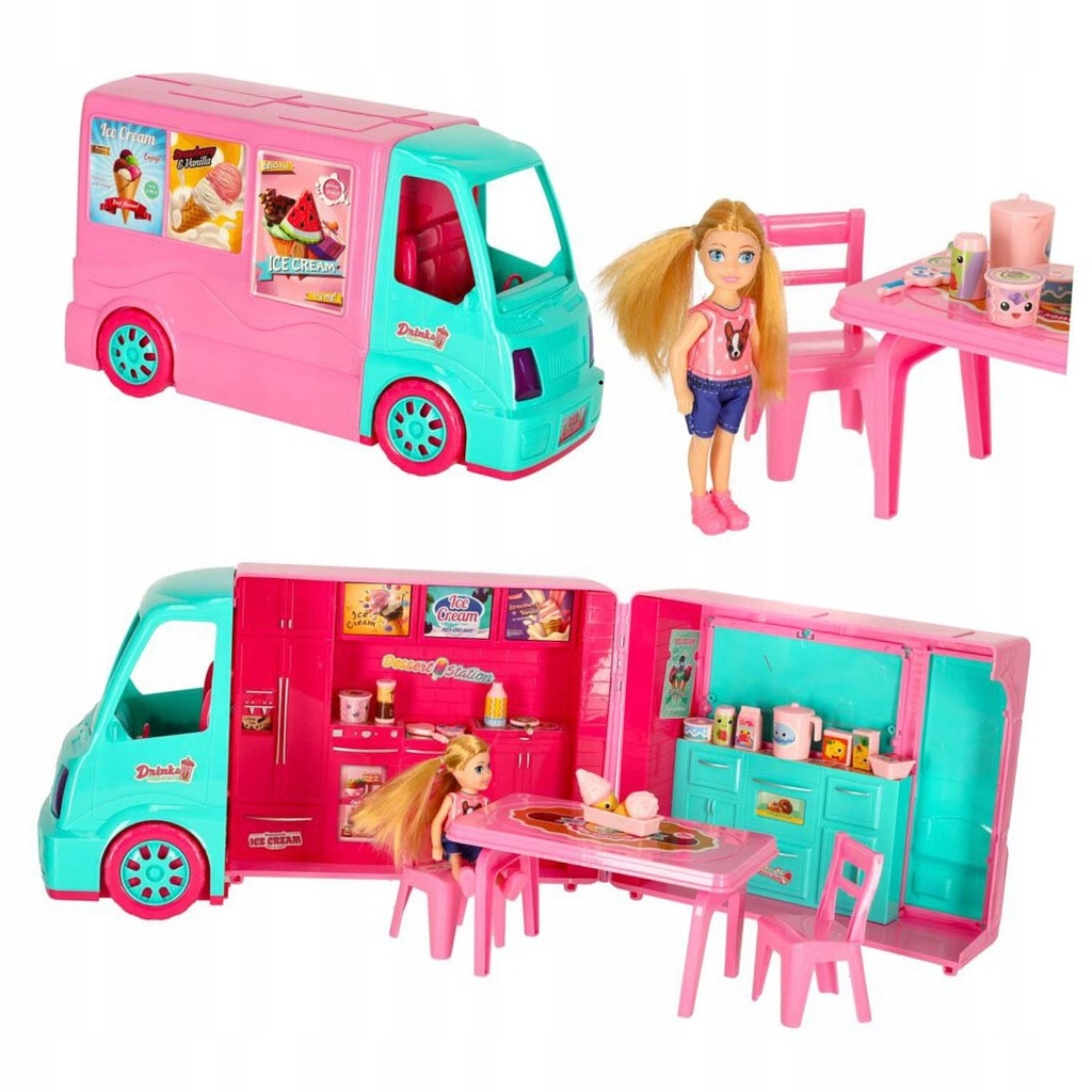 SAMOCHÓD DLA LALEK FOOD TRUCK KAMPER CAMPER ZESTAW 21 ELEMENTÓW DLA DZIECI