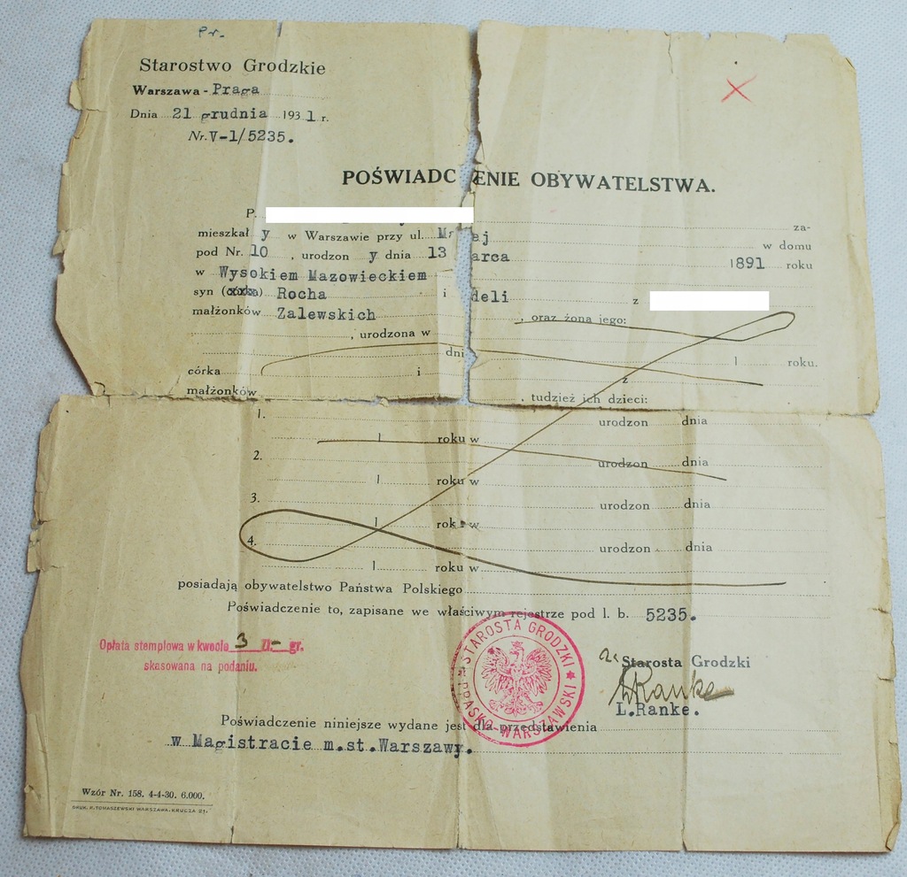 Poświadczenie Obywatelstwa Warszawa Praga 1931