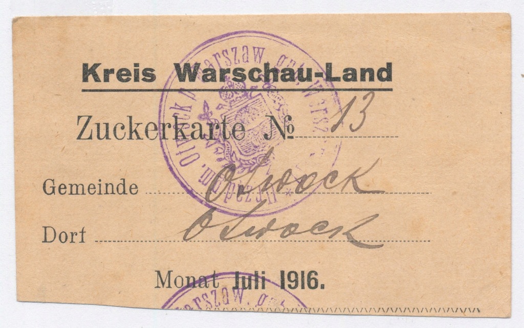 Kartka na cukier Otwock 1916. Rzadkie (245)