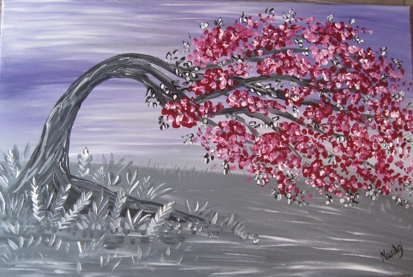 Obraz ręcznie malowany drzewo wiśni kwiaty