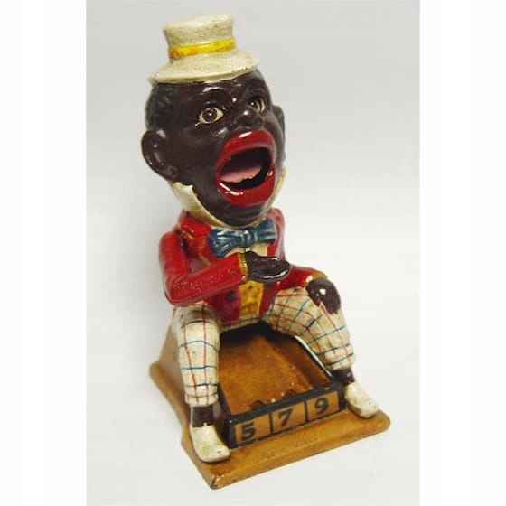 Żeliwna Mechaniczna Skarbonka z Czarnoskórym Mężczyzną Artysta Estradowy
