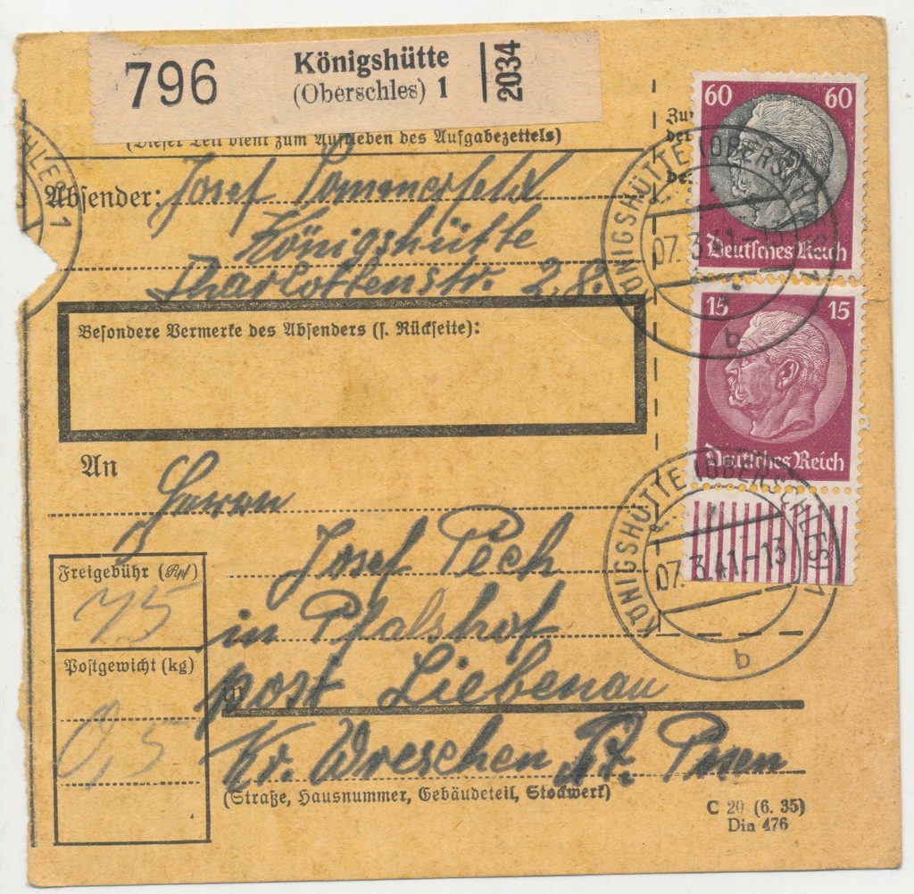 Skart Paketkarte Królewska Huta 1941. (744)