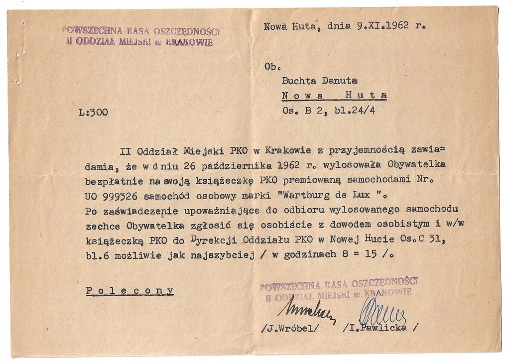 NOWA HUTA OS. B2 SAMOCHÓD "WARTBURG" PKO OS. C 31/6