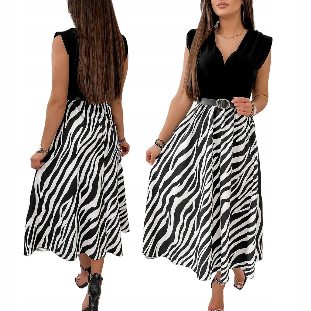 Elegancka zwiewna czarna SUKIENKA ZEBRA z paskiem RIBS ONE